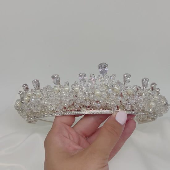Whimsical fairytale Claudia tiara with sparkling crystals and pearls